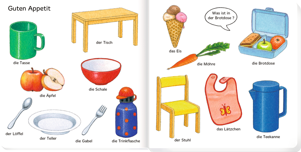 Kinderbuchseite mit Abbildungen und Bezeichnungen von Lebensmitteln, Besteck und Brotdose.