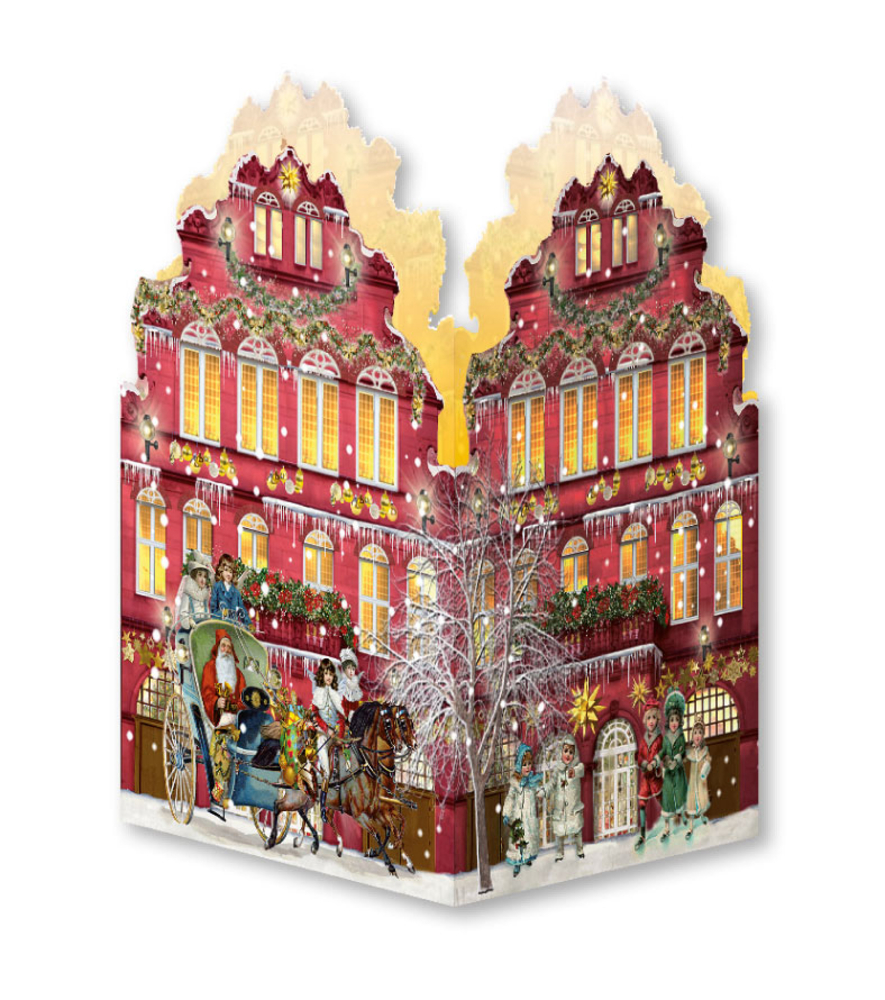 Rotes Haus mit verschneiten Fenstern, Pferdekutsche und Menschen in festlicher Winterkleidung.