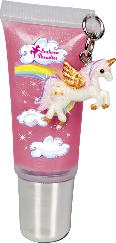 Rosa Lipgloss-Tube mit Einhornmotiv und einem Einhorn-Anhänger, der an der Kappe hängt.