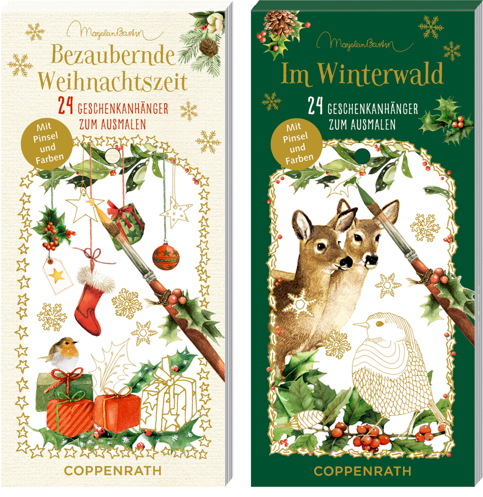 Zwei illustrierte Weihnachtsgeschenkanhänger-Sets: eines mit festlichen Artikeln, das andere mit Wintertieren und Laub.