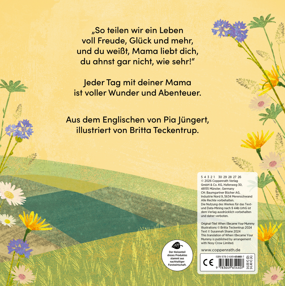 Gelbe Wiese mit bunten Blumen und grünen Hügeln im Hintergrund, mittig Text in schwarzer Schrift.