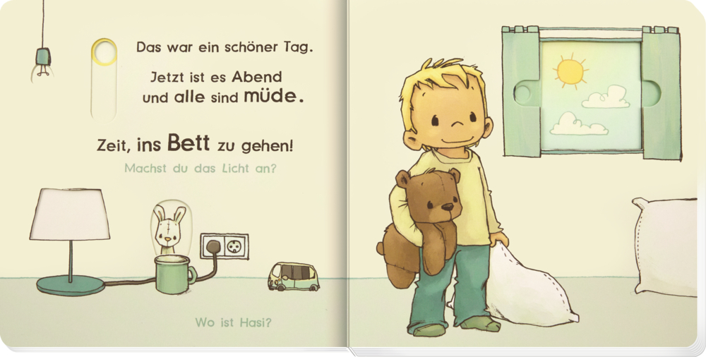 Pappbuchcover, auf dem einem Kind und einem Mond die Augen mit einem Schieber zum Schlafen geschlossen wurden.