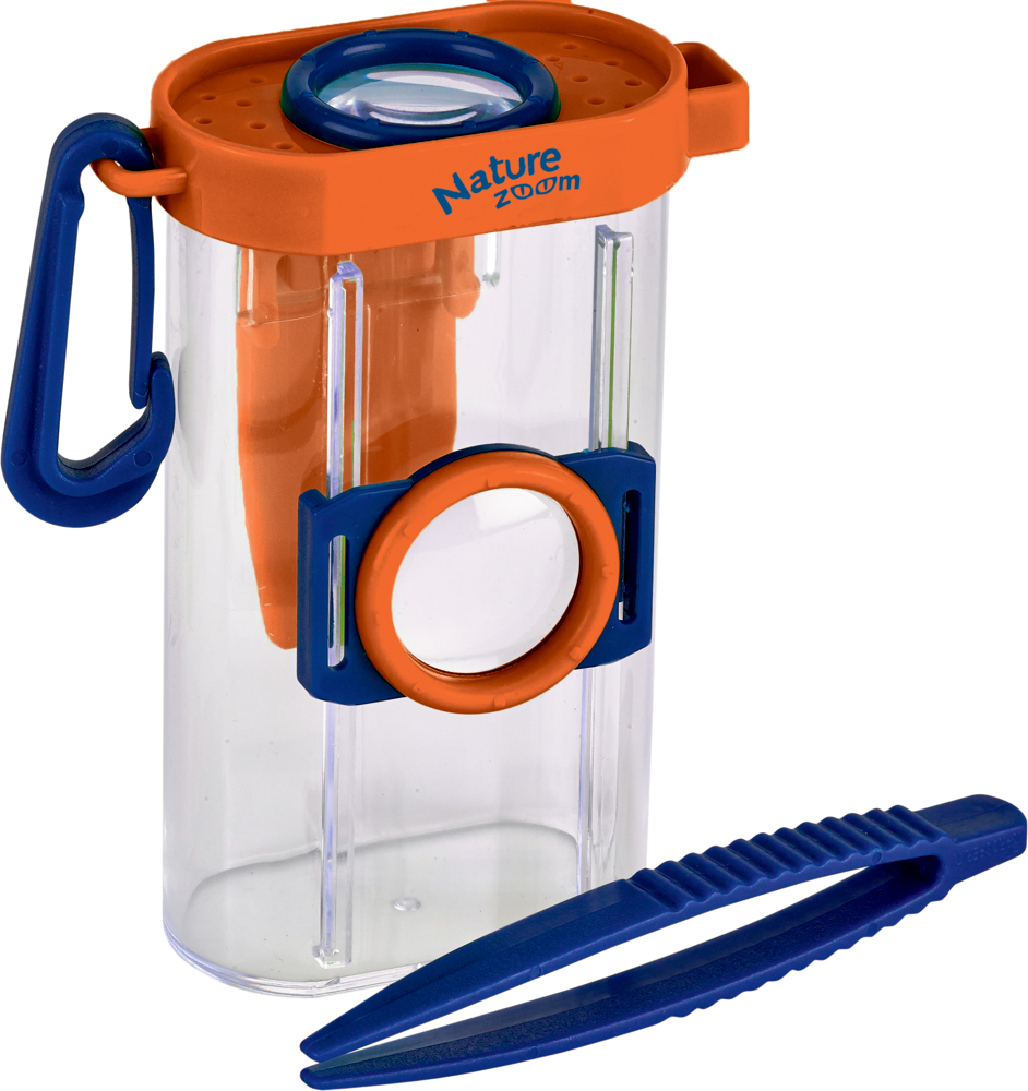 Behälter zur Insektenbeobachtung mit orange-blauem Deckel, zwei Lupen und blauer Pinzette.