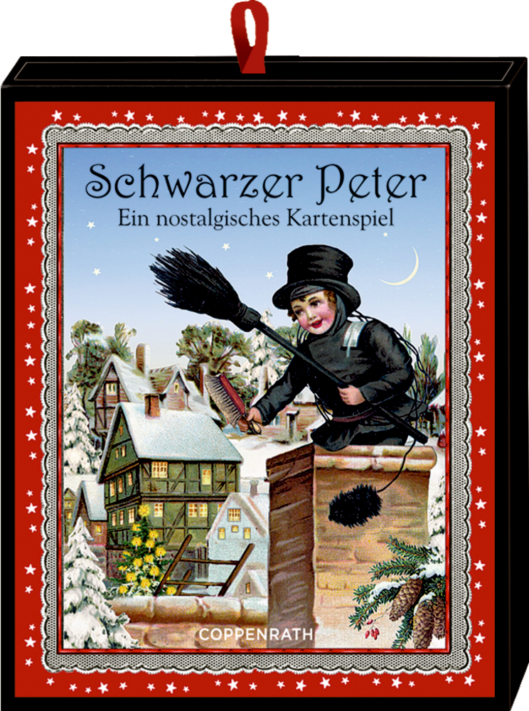 Vintage-Kartenspielbox: Schornsteinfeger auf verschneitem Dach, deutscher Text und winterliche Dorfszene.