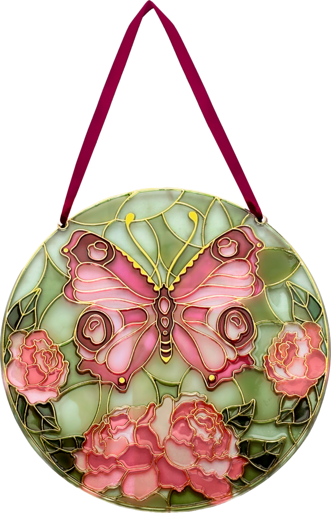 Runde Glasplatte mit rosa Schmetterling und Blumenmotiv in Rosatönen, aufgehängt an berryfarbenem Band.