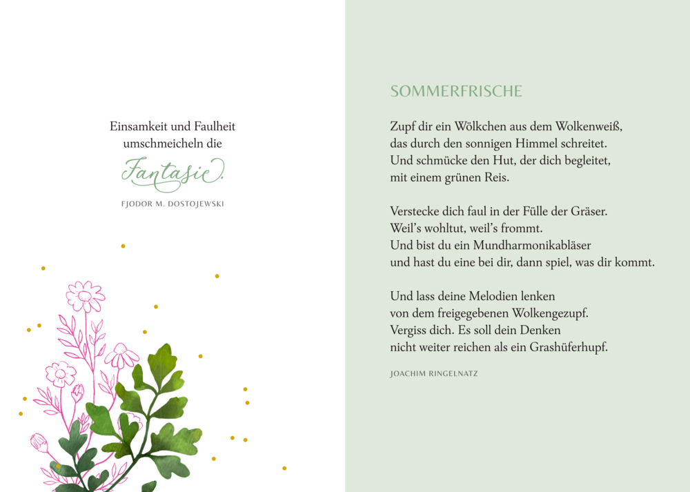 Zitat mit dem Wort „Fantasie“, darunter rosa gezeichnete und grüne Blumenblätter mit gelben Punkten, rechts daneben Gedichttext.