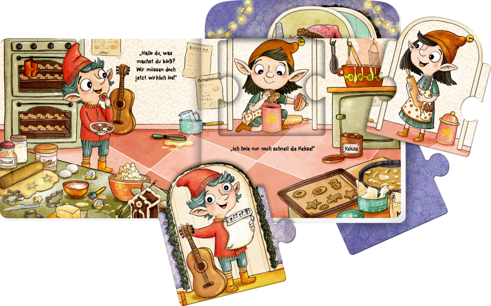 Illustration mit zwei Wichteln in einer Küche beim Plätzchenbacken, mit Ofen, Backblech, Teig und Backutensilien. Große Puzzleteile daneben.