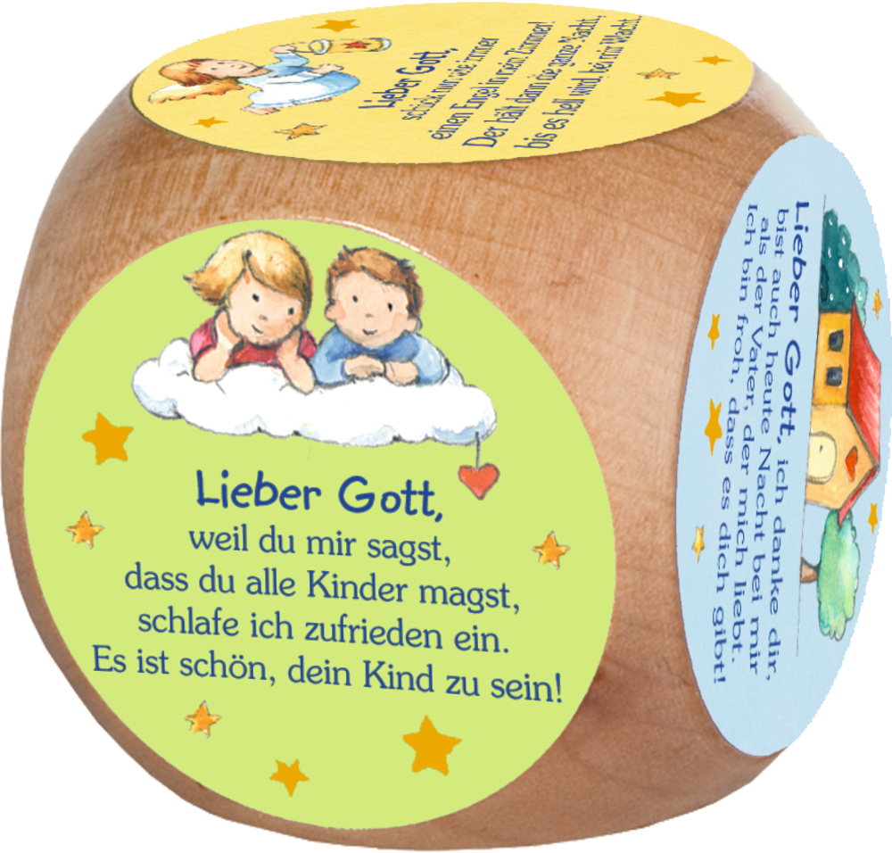 Gebetswürfel aus Holz mit abgebildeten Kindern auf einer Wolke,  Gebetstext und Sternakzenten.