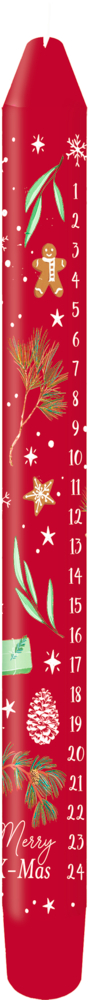 Rote Weihnachts-Adventskerze mit weißen Zahlen, Tannenzweigen, Sternen und Weihnachtsdekorationen.