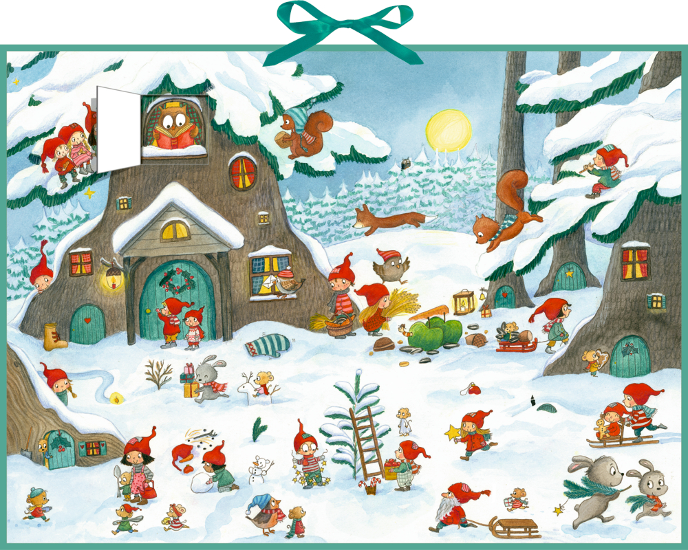 Niedliche Zwerge und Tiere spielen und arbeiten im Winter rund um ein schneebedecktes Baumhaus.