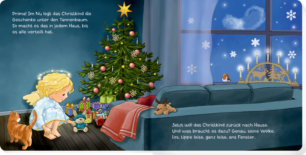 Innenseite eines Buchs. Ein kleiner Engel und eine Katze bestaunen nachts in einem gemÃ¼tlichen Wohnzimmer Geschenke unter einem geschmÃ¼ckten Weihnachtsbaum.