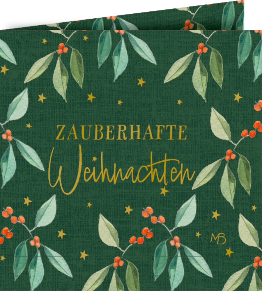 Grüne Karte mit Mistelzweig, roten Beeren, goldenen Sternen und „Zauberhafte Weihnachten“ in goldenem Text.