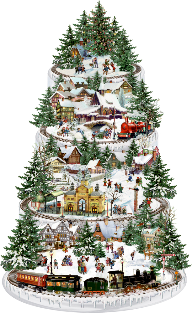 Weihnachtsbaumförmiges Modell mit Zügen, verschneiten Dorfszenen auf jeder Ebene und umgebenden Kiefern.