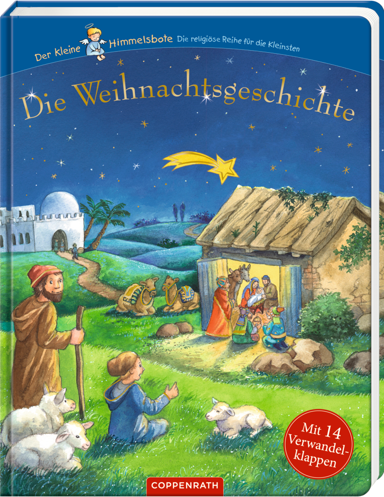 Weihnachtskrippe: Das Jesuskind steht im Stall, umgeben von Maria, Josef, Tieren und Besuchern.
