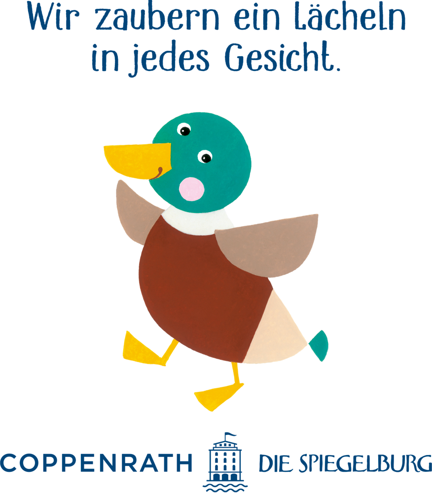 Eine fröhliche Zeichentrickente mit grünem Kopf ist unter deutschem Text zum Thema Lächeln zu sehen.