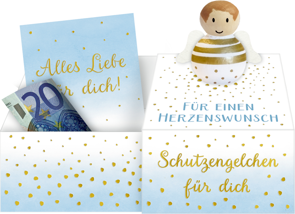 Geschenkschachtel mit einem kleinen Schutzengel aus Holz und Grußkarte.
