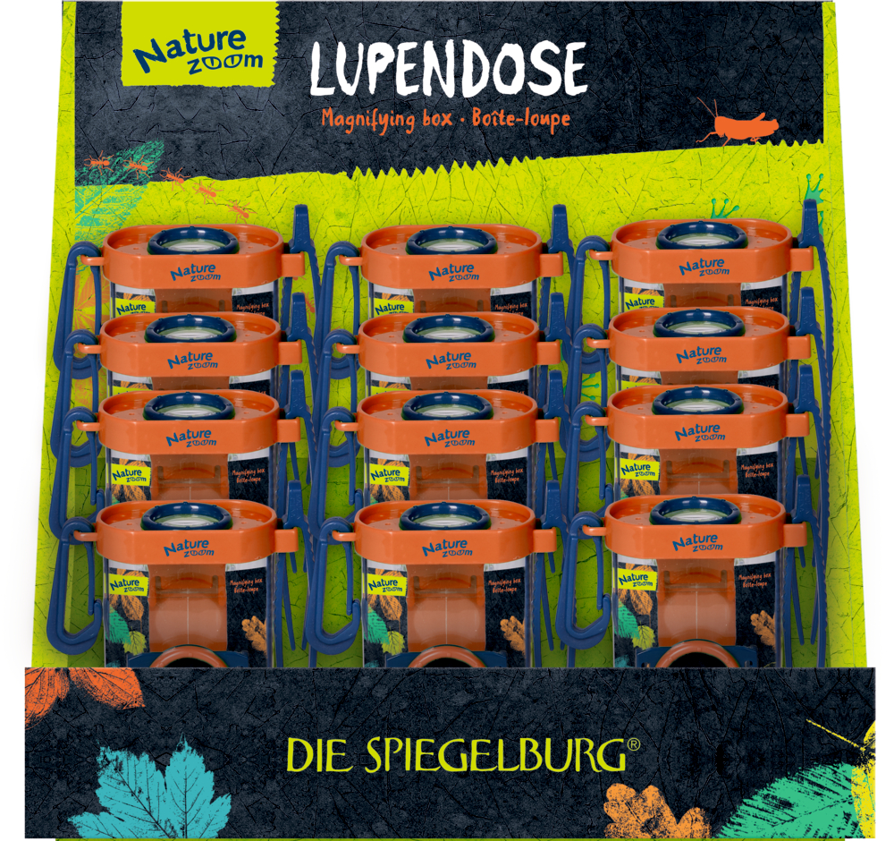 Mehrere orangefarbene Vergrößerungsdosen in einem Papp-Display.