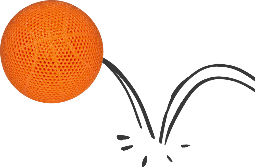Orangefarbener, strukturierter Ball mit gezeichneter Sprungbahn auf weißem Hintergrund.