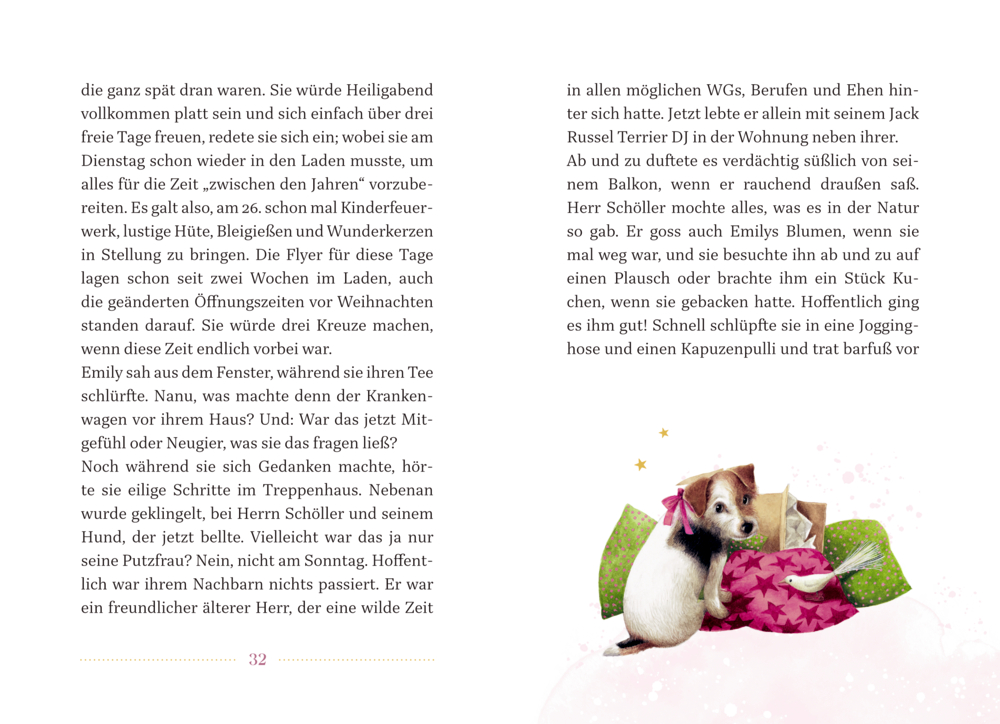 Kleiner Hund mit rosa Schleife sitzt auf bunten Kissen neben Geschenktüten und einem kleinen weißen Vogel. Dazu Text.