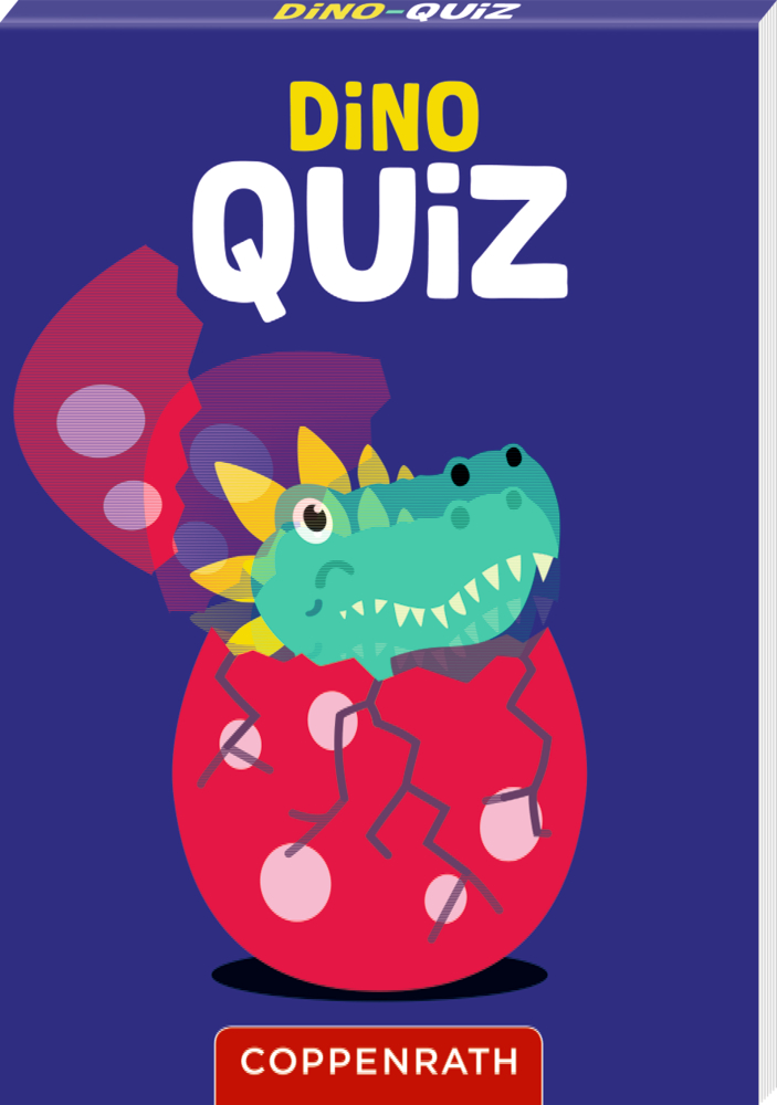 Blaus Quizbüchlein mit Aufschrift „Dino Quiz“, darauf ein gezeichnetes Dinosaurierbaby, das aus einem roten Ei mit Punkten schlüpft.