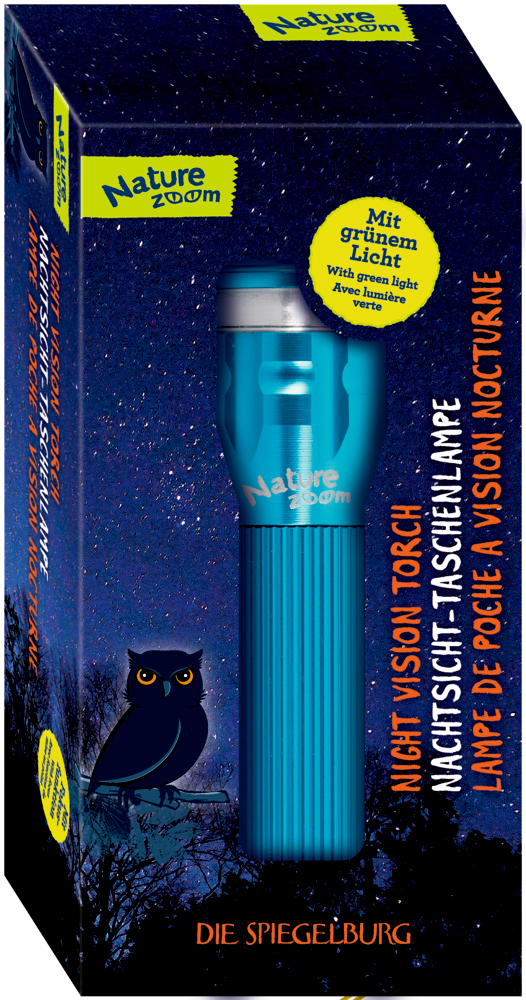 Blaue Nature Zoom-Nachtsichttaschenlampe mit grünem Licht, verpackt mit Sternenhimmel und Eulenillustration.