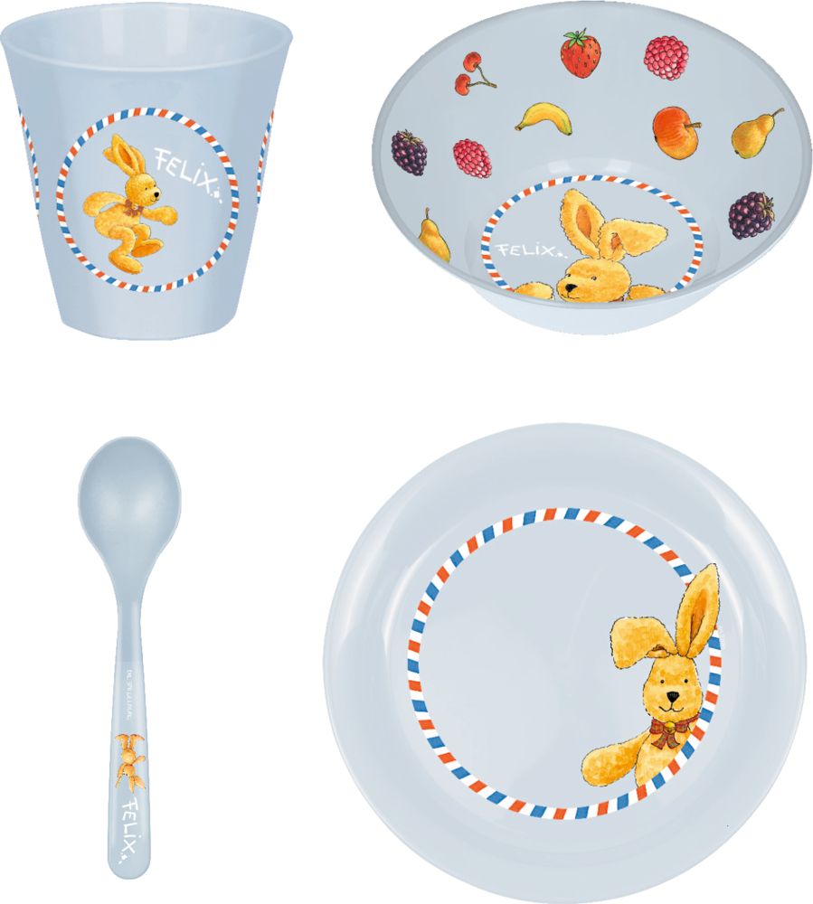 Kindergeschirr-Set: hellblaue Tasse, Löffel, Schüssel und Teller mit gelbem Häschen und bunten Obstmotiven.
