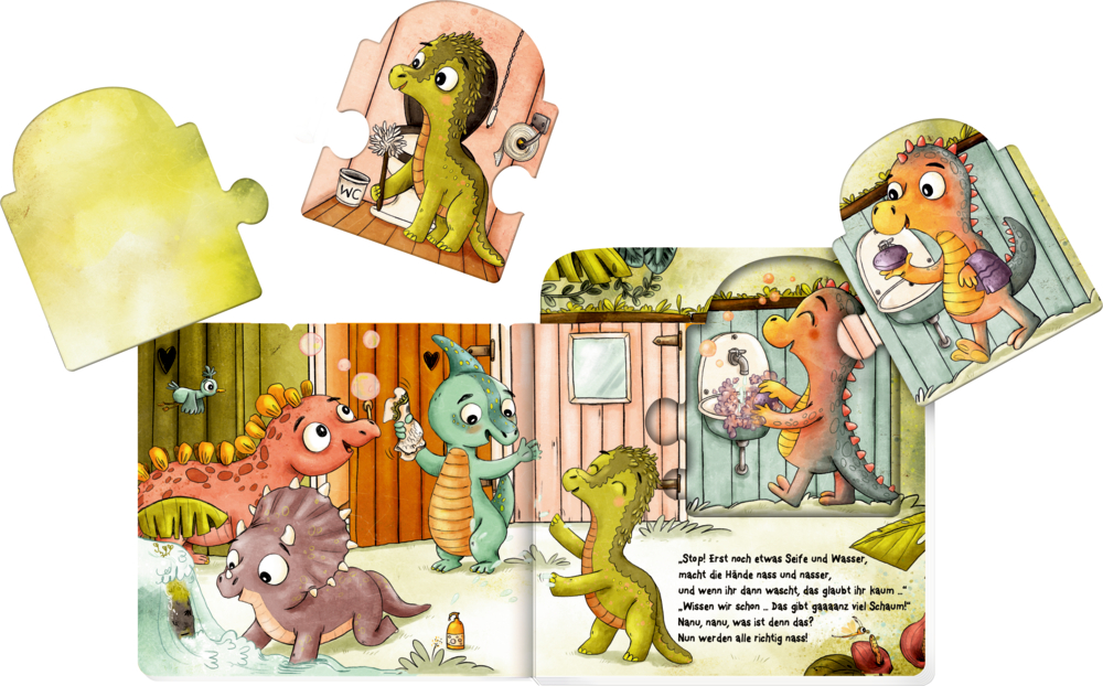 Illustrierte Kinderbuchseiten mit bunten Dinosauriern, die auf Toilette gehen und sich im Waschraum die Hände waschen. Dazu große Puzzleteile.