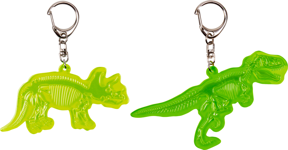 Zwei grüne Dinosaurier-Schlüsselanhänger aus Kunststoff – einer Triceratops, einer T. Rex – mit Metallverschlüssen.