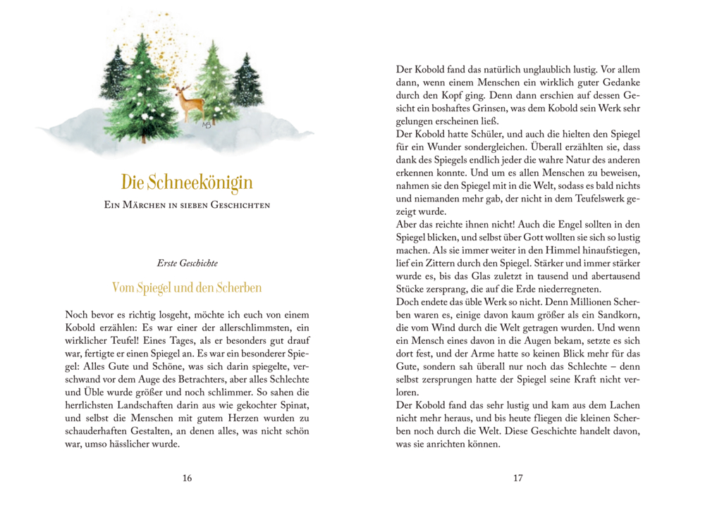 Aufgeschlagenes Buch mit Text der Geschichte „Die Schneekönigin“ und Illustration eines Rehs vor verschneiten Tannen.