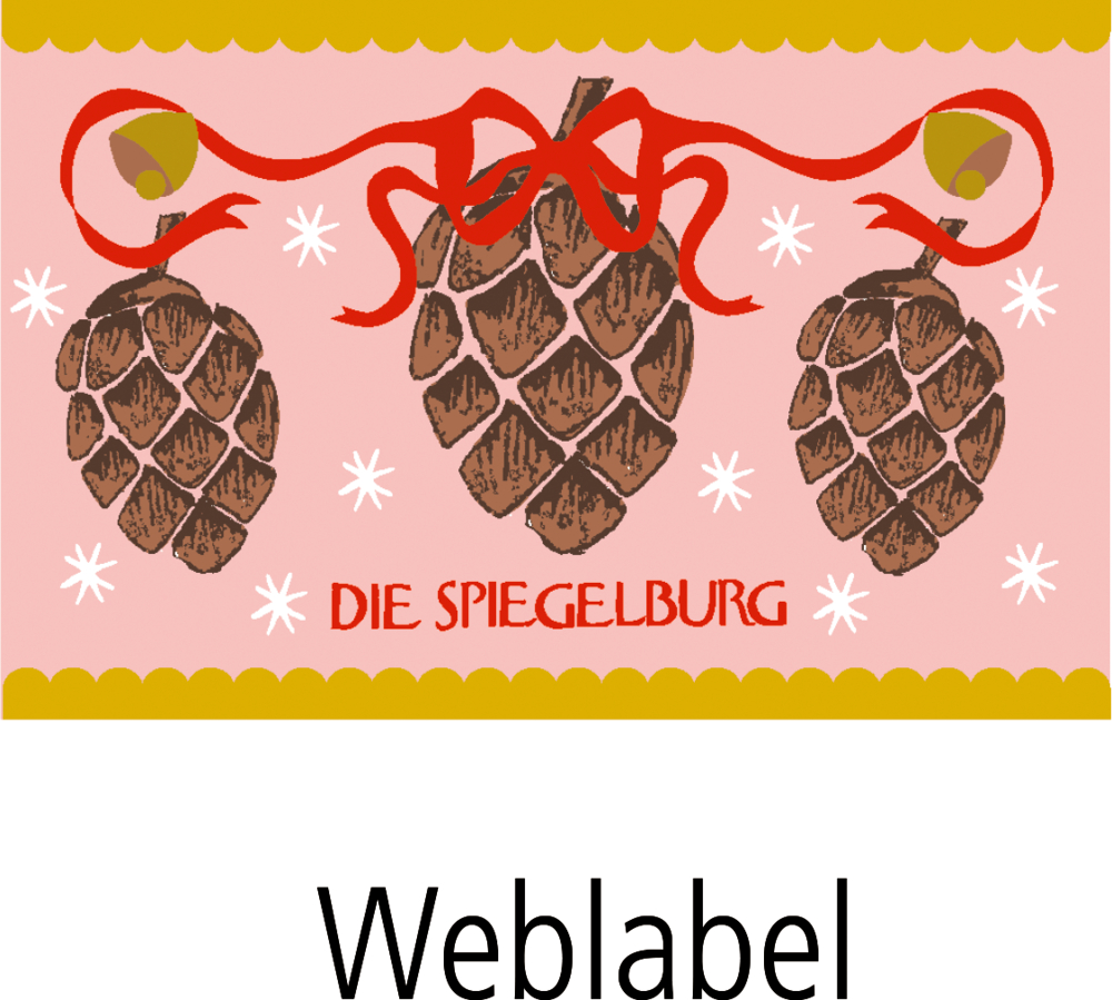 Rosa Weblabel mit drei braunen Tannenzapfen, roter Schleife, goldenen Glöckchen auf rosanem Hintergrund und dem Schriftzug „Die Spiegelburg“.