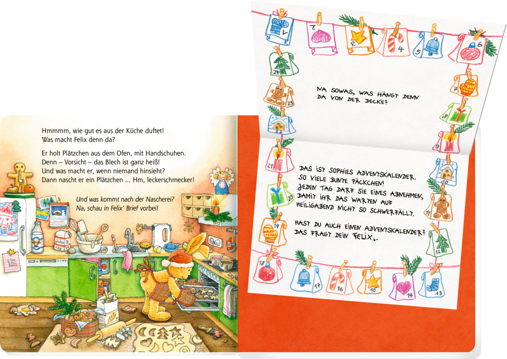 Eine Doppelseite mit Text auf der ein gezeichneter Hase Kekse in einer gemütlichen Küche backt, rechts sieht man einen aufgeklappten Brief auf dem kleine Bilder gezeichnet wurden.