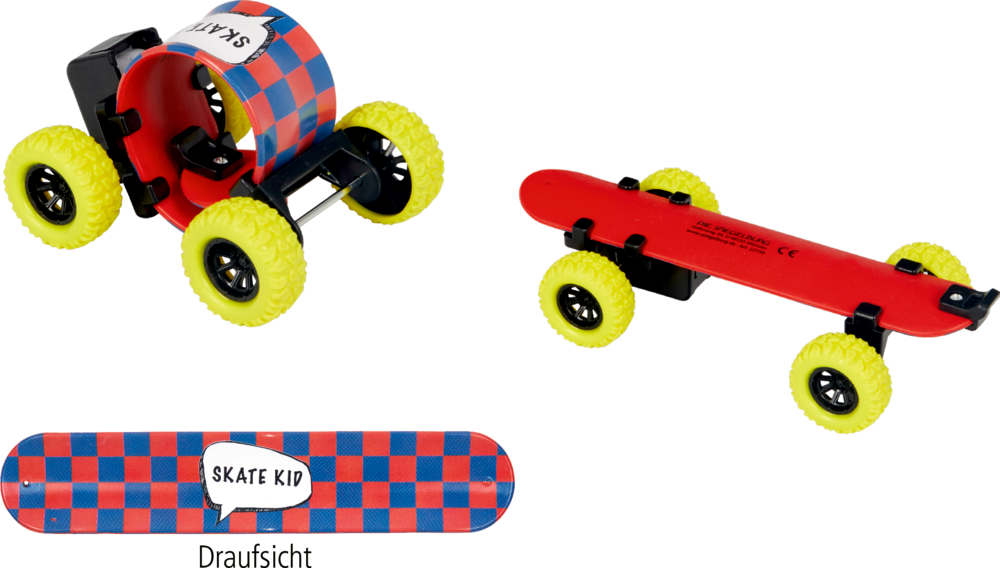 Skateboard-Schnapparmband: gelbe Räder, rot/blau kariertes Deck, Text „SKATE KID“.
