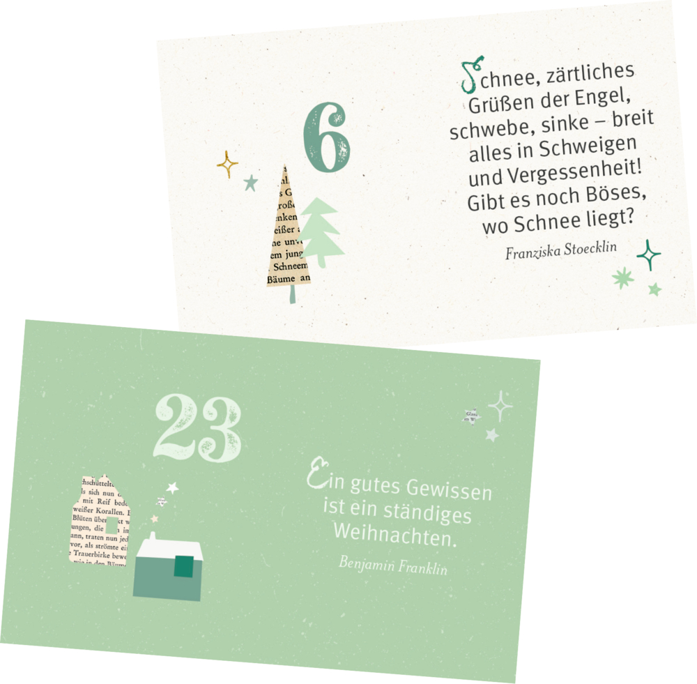 Zwei adventliche Karten mit den Zahlen 6 und 23, weihnachtlichen Zitaten, Tannenbaum- und Hausgrafiken auf hellem und grünem Hintergrund.