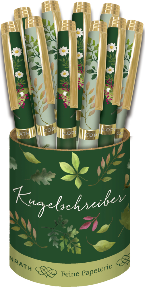 Zylinderförmiger Behälter mit mehreren Kugelschreibern in grün-goldenem Design mit floralen Mustern.