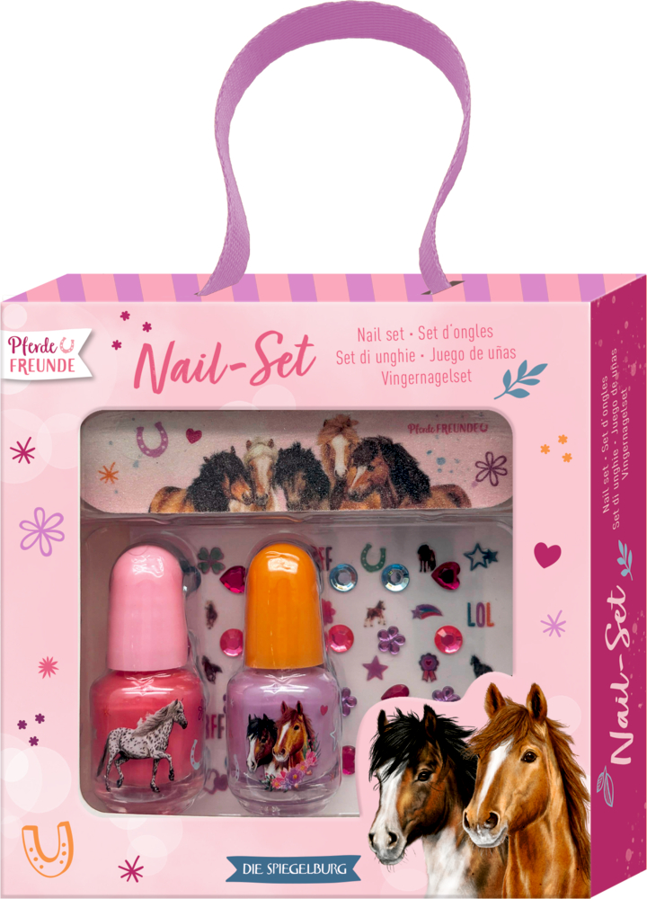 Pferdefreunde-Nagelset: Enthält Nagellack, Aufkleber, Glitzersteine und eine Feile in einer dekorierten Box mit Griff.