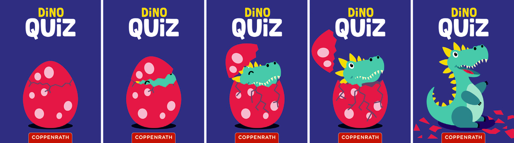 Illustration mit fünf Phasen eines schlüpfenden grünen Dinosauriers aus einem roten Ei mit rosa Punkten vor blauem Hintergrund.