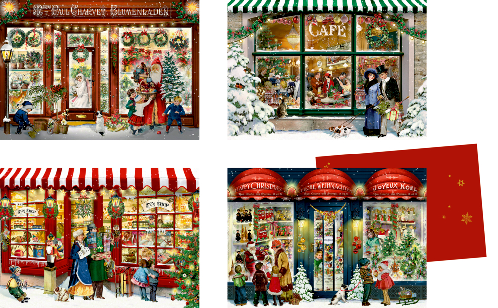 Vier verschneite, festlich weihnachtlich geschmückte Schaufenster mit Menschen und Kindern vor jedem Geschäft.