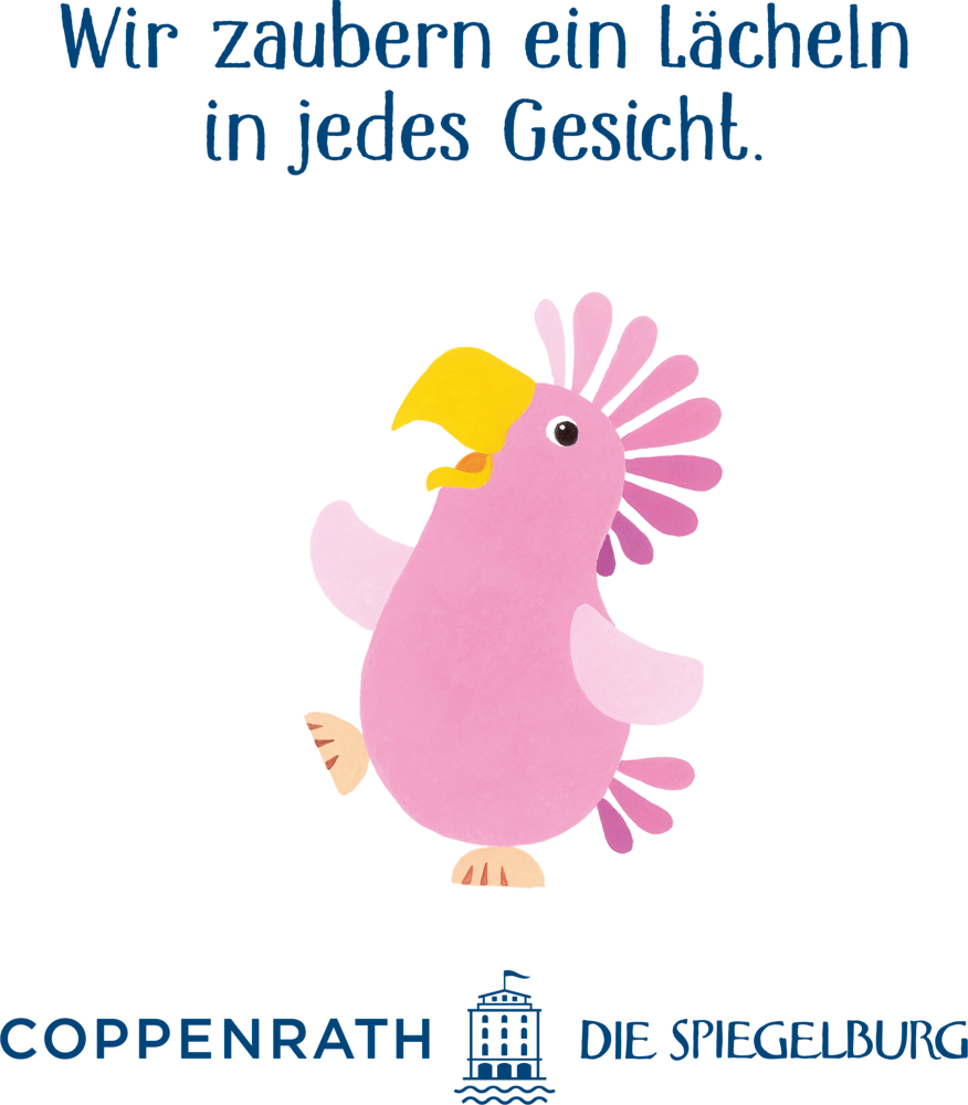 Unter dem deutschen Text und den Logos von Coppenrath Die Spiegelburg steht ein rosa Comic-Kakadu.