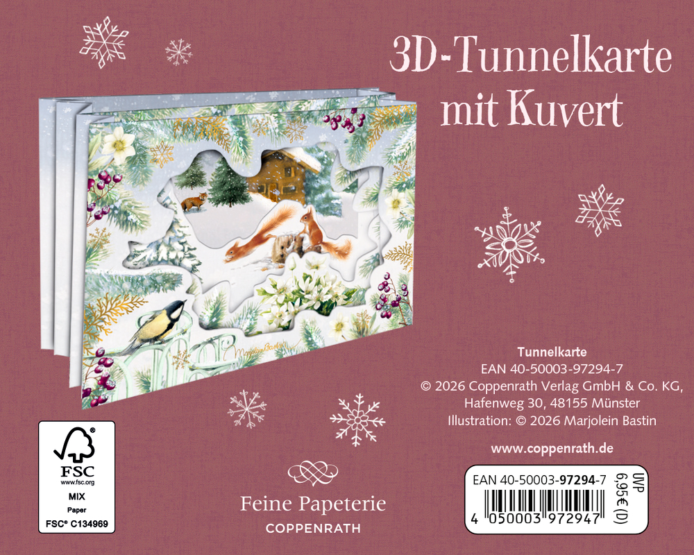 3D-Tunnelkarte mit Wintermotiv, dargestellt sind Eichhörnchen, Vögel, verschneite Tannen und ein Haus im Hintergrund.