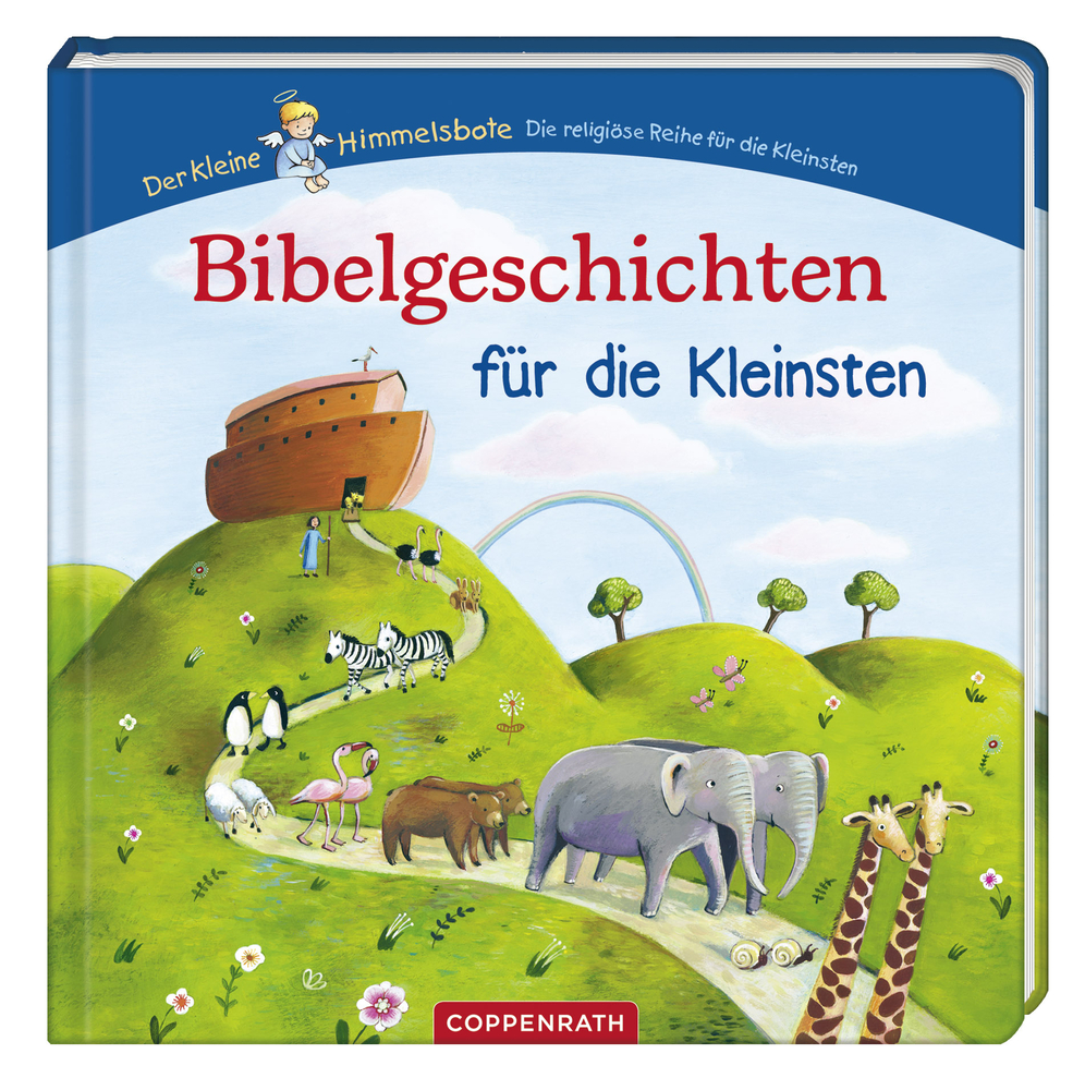 Kinderbuchcover: Arche Noah mit Tieren, Titel „Bibelgeschichten für die Kleinsten“.