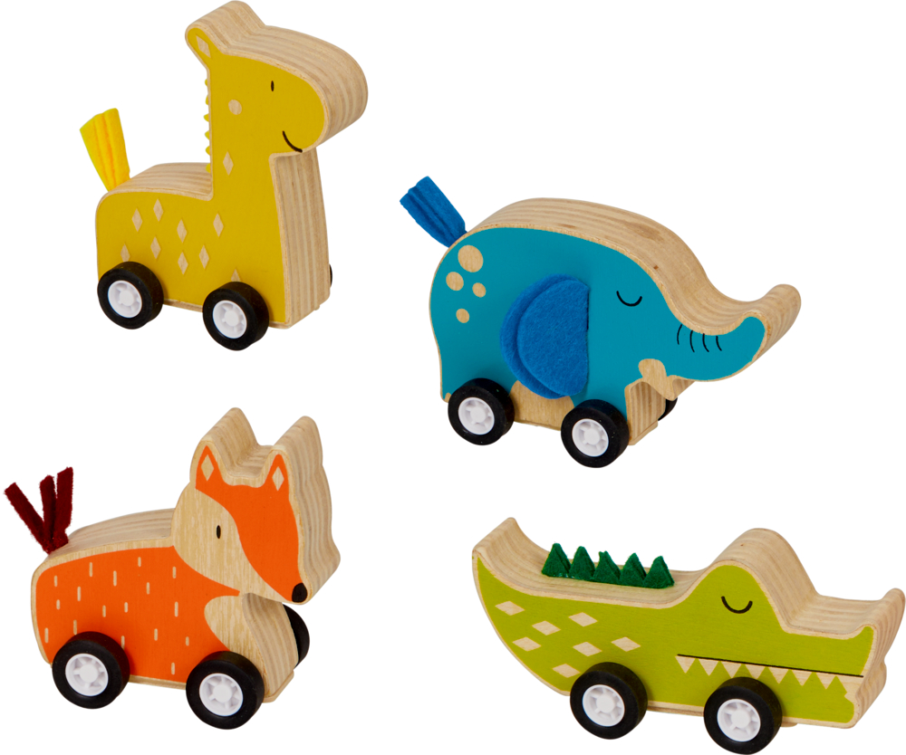 Vier bunten Holzspielzeugtiere auf Rädern: Giraffe, Elefant, Fuchs und Krokodil.