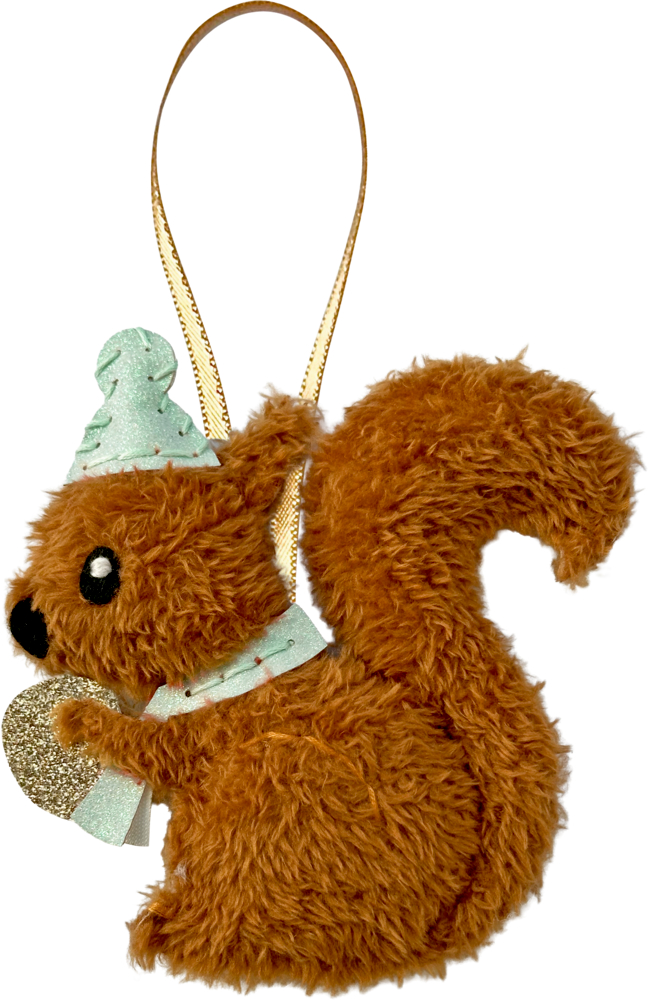 Braunes Plüscheichhörnchen mit mintfarbener Mütze und Schal, hält glitzernde Nuss, goldene Aufhängeschlaufe oben.