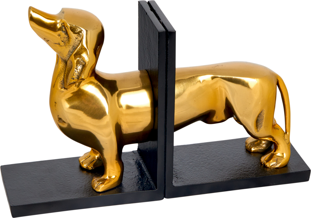 Goldene Buchstützen in Dackelform, deren Vorder- und Hinterteil durch schwarze Metallständer getrennt sind.