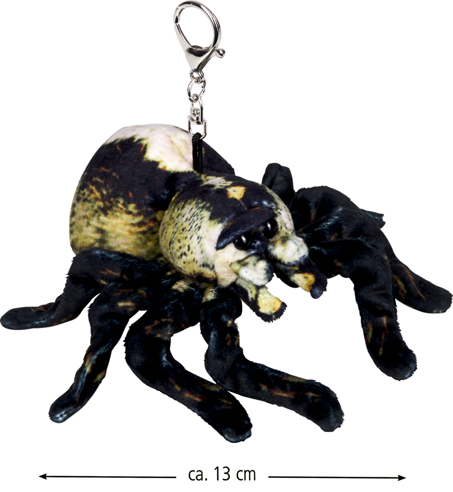 Plüsch-Schlüsselanhänger in Form einer mehrfarbigen Spinne mit acht Beinen, Länge etwa 13 cm.