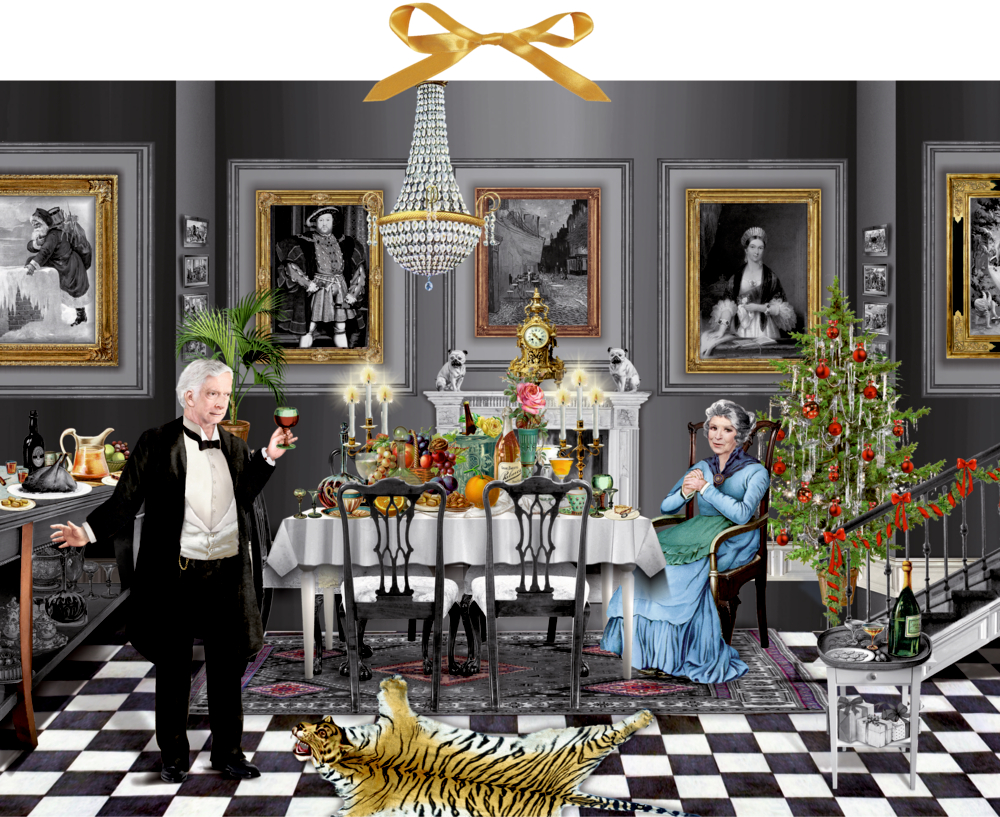 Viktorianisches Esszimmer mit James und Miss Sophie, festlich gedecktem Tisch, Weihnachtsbaum und Tigerteppich.