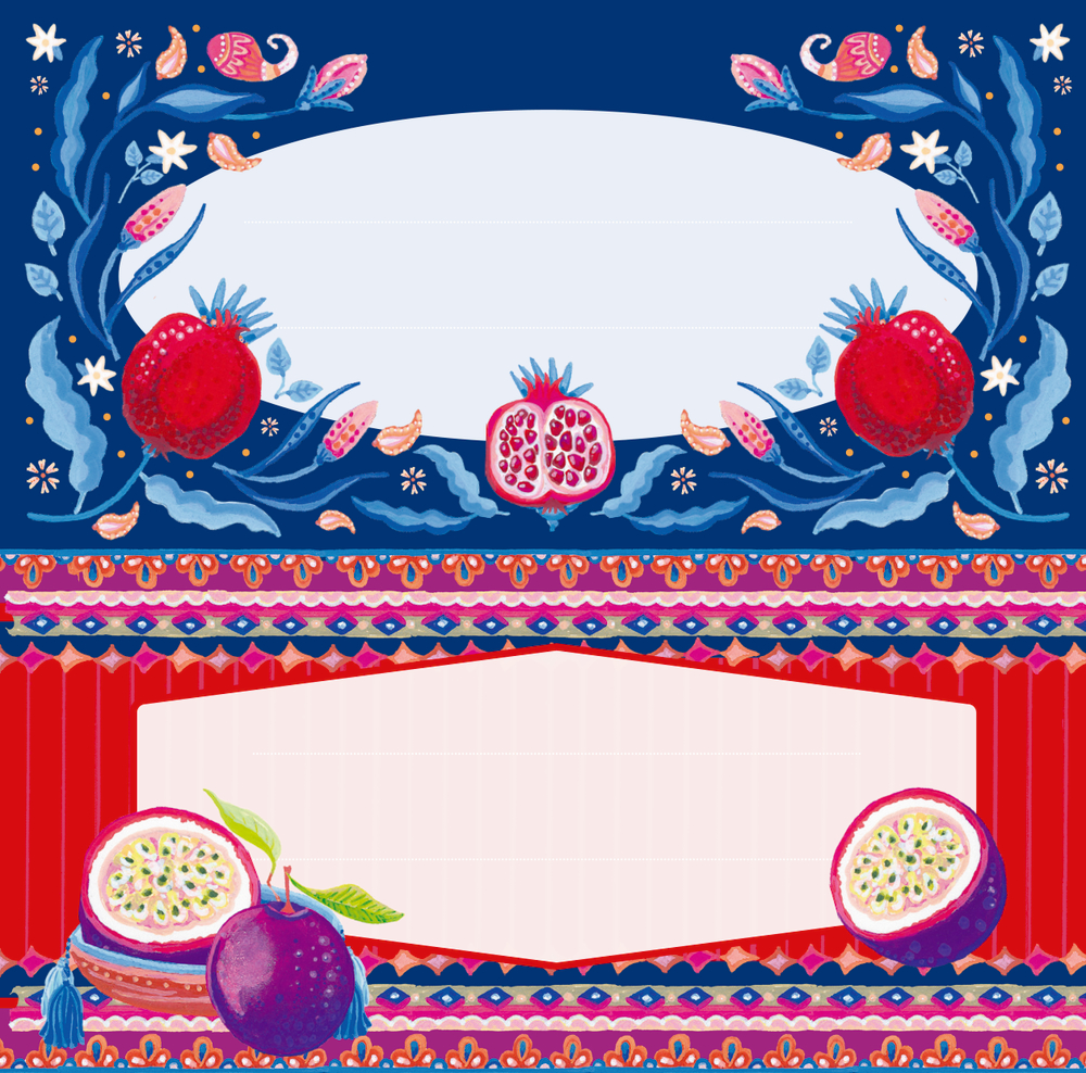 Bunte Küchenetiketten mit Granatäpfeln, Passionsfrüchten und floralen Mustern in Rot-, Blau- und Pinktönen.
