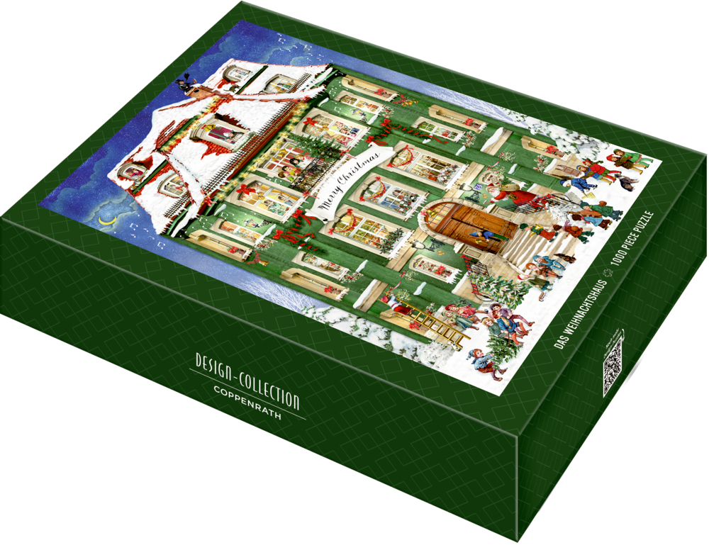 Grüne Puzzlebox mit einem festlichen Weihnachtshaus und „Frohe Weihnachten“ auf der Vorderseite.