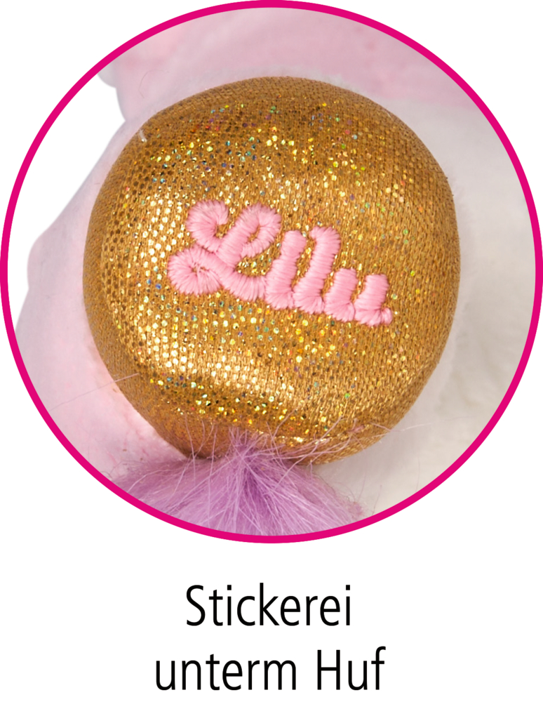 Goldfarbener Huf mit rosa Stickerei des Namens „Lilu“ und violetten Plüschhaaren am Rand.
