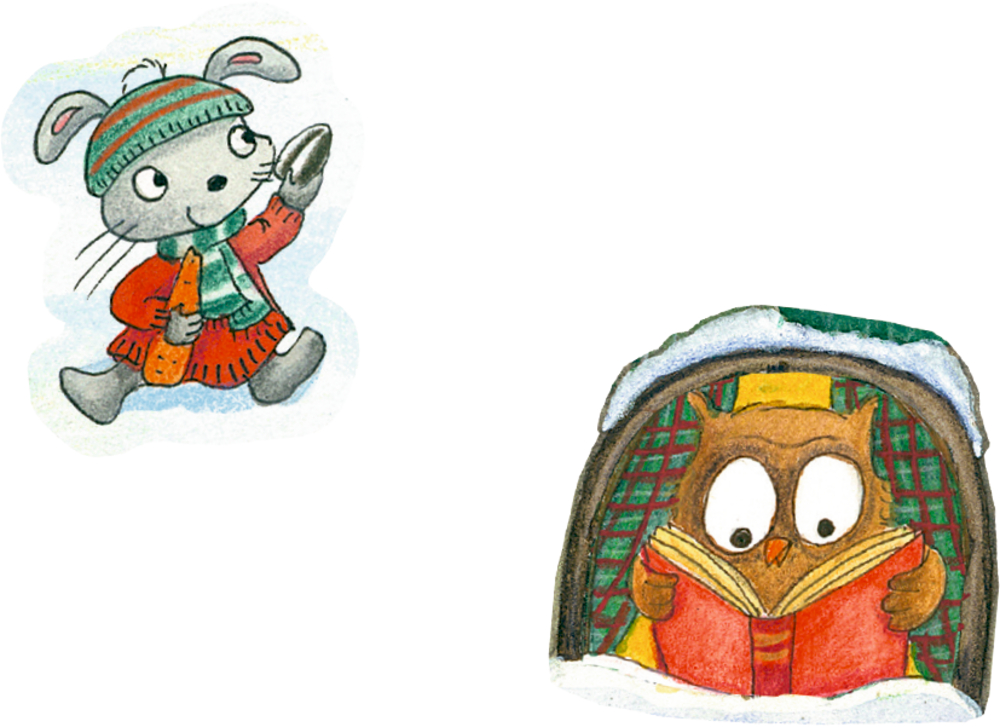 Kaninchen in Winterkleidung mit Karotte; Eule liest ein Buch in einem verschneiten Bau.