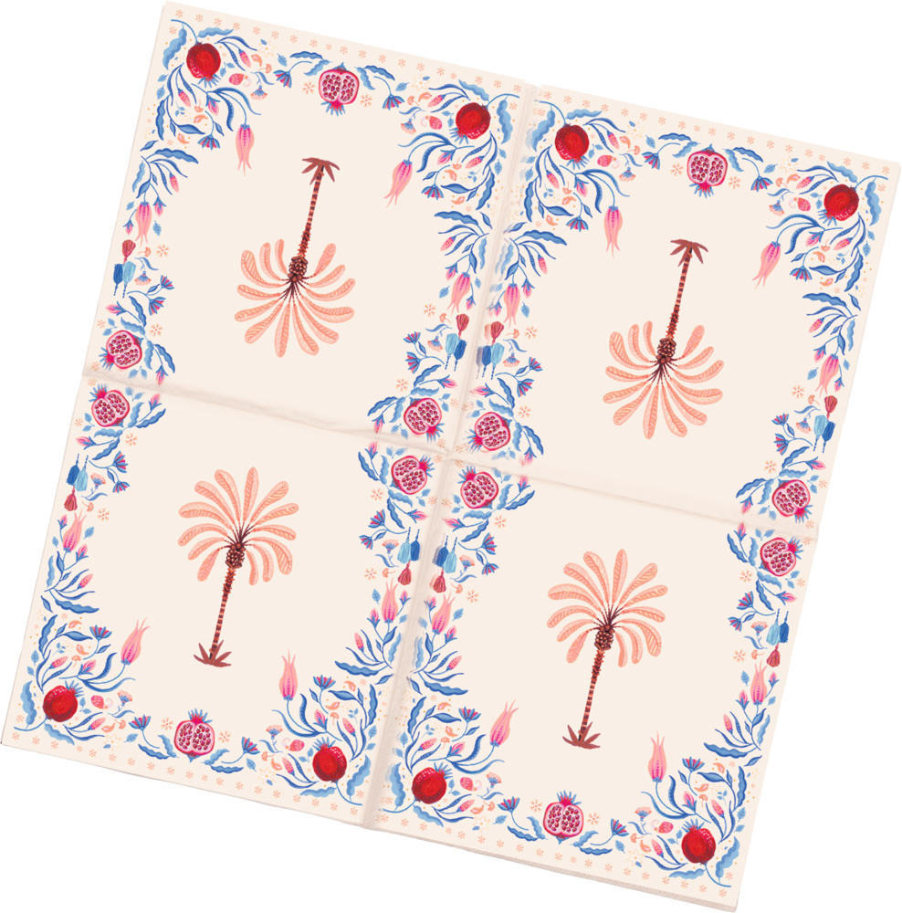 Aufgefaltene cremefarbende Serviette mit lachsfarbendem Palmenmotiven und floralem Randmuster in Blau, Rot und Rosa.